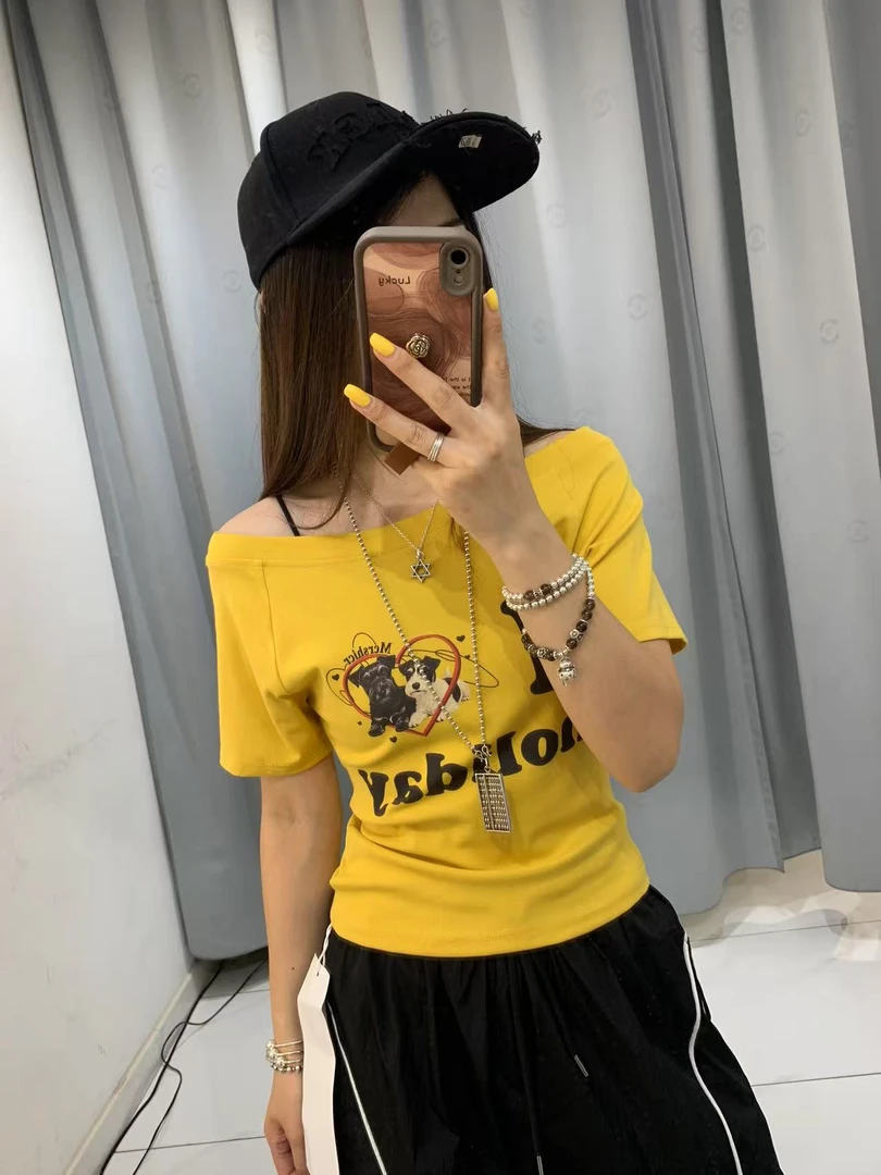 可米 夏季时尚显瘦短款百搭修身潮流女士印花斜肩T恤 123