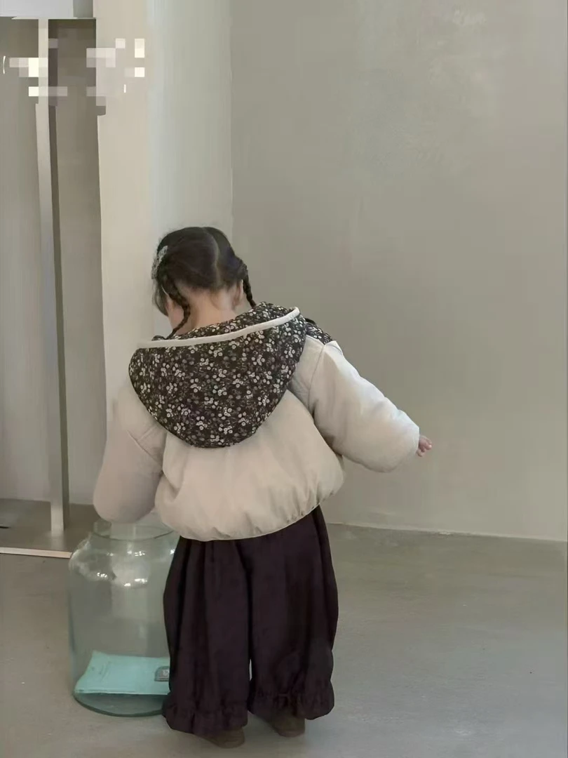 女B类女童碎花棉服连帽秋冬可爱风A类百搭韩版加棉儿童短款时尚