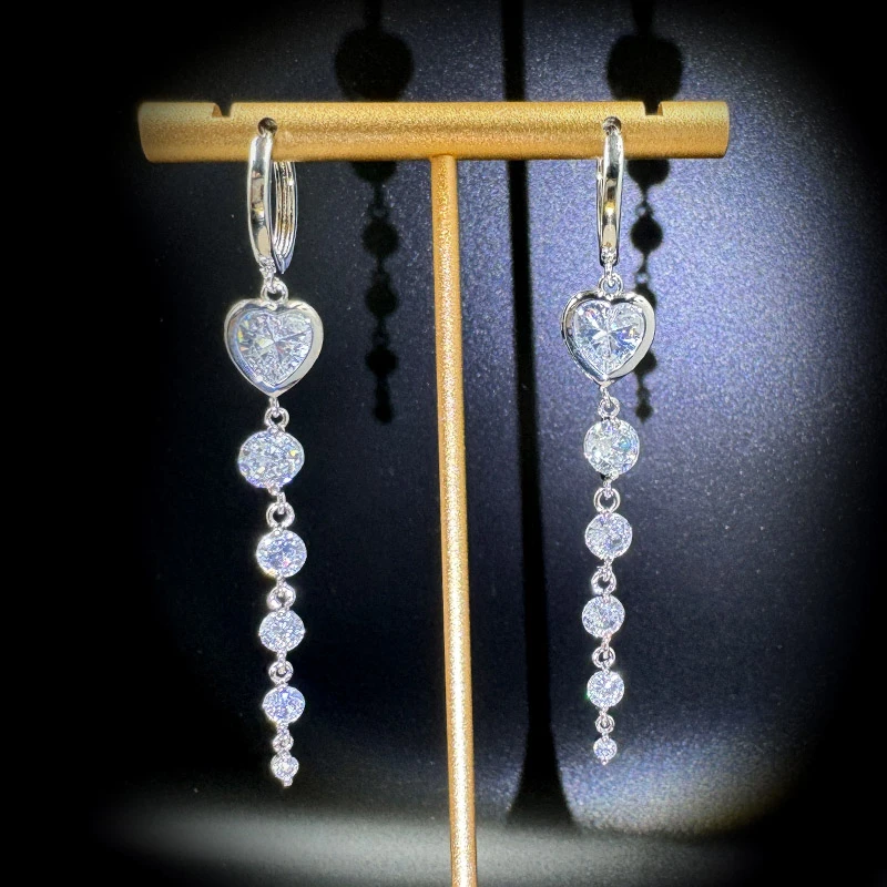 铜合金耳饰 锆石爱心长款流苏耳扣女时尚小众设计耳环耳坠耳饰品