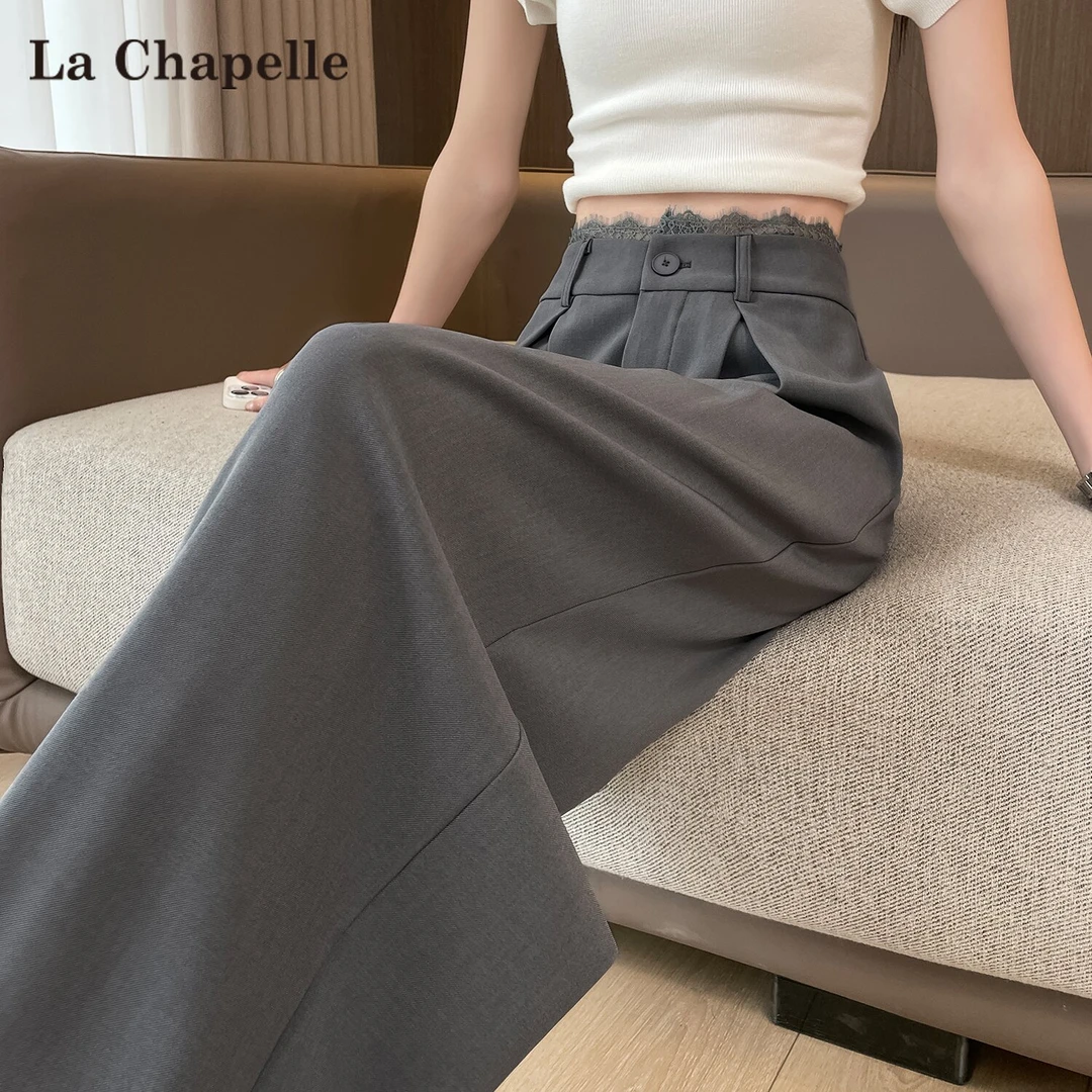 拉夏贝尔蕾丝灰色西装裤女夏季2025新款高腰垂感直筒冰丝阔腿裤子
