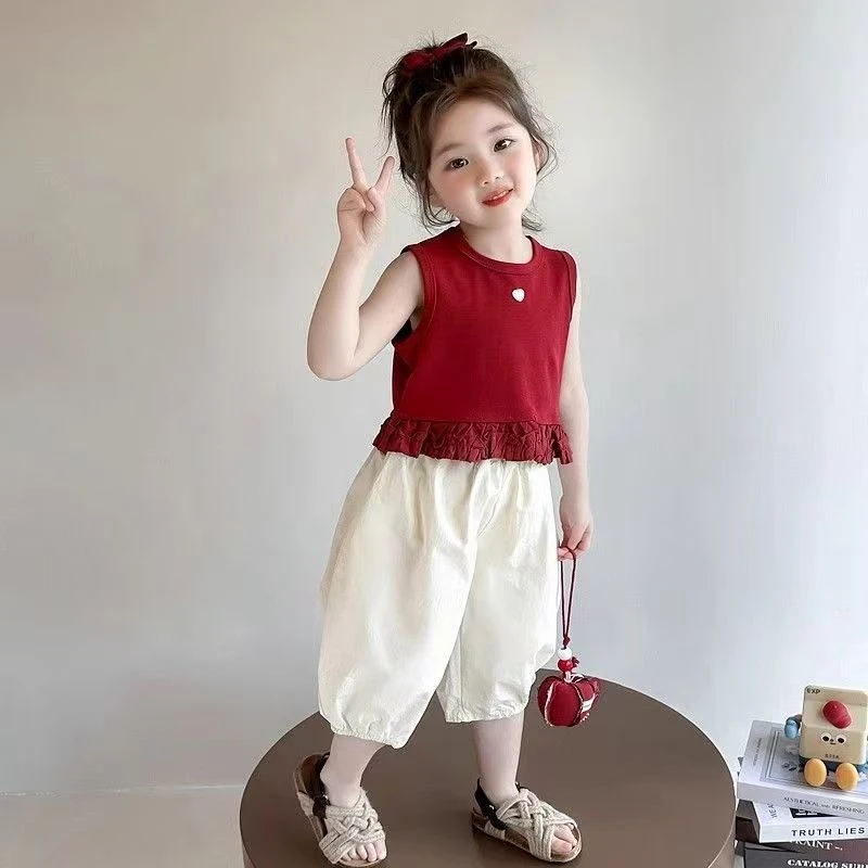 女童背心套装2025新款洋气儿童花边无袖两件套宝宝夏季套装