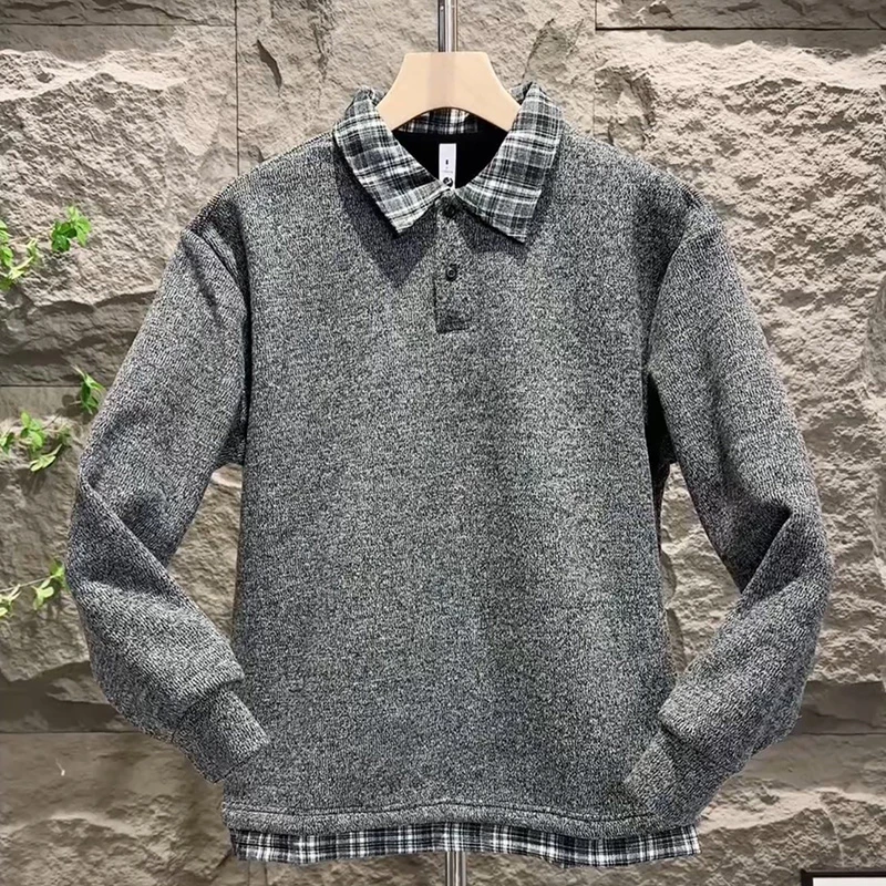 假两件衬衫领毛衣男冬季加绒加厚保暖针织衫时尚宽松内搭打底上衣