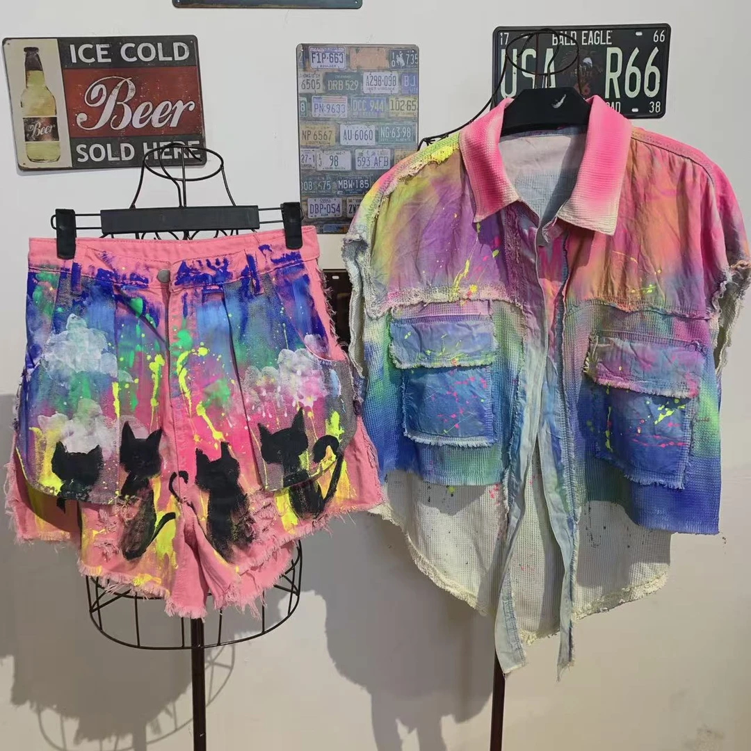 V哈基米短裤套装系列-油画款限量版潮牌原创设计师性牛仔显瘦遮肉