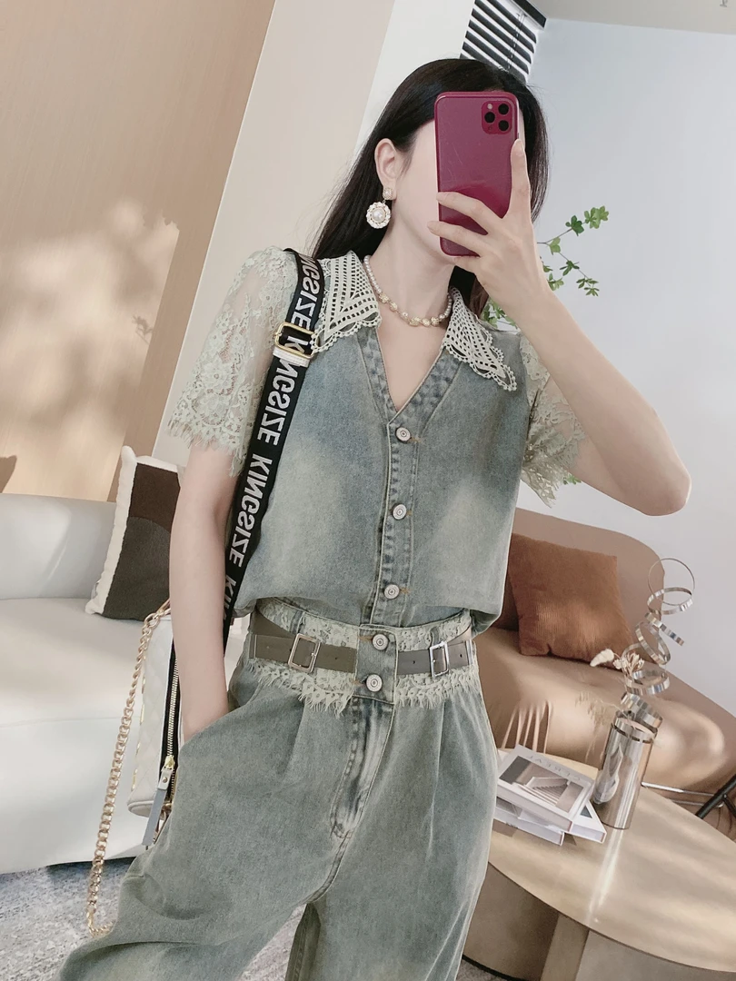 D【长裤套装】拼接领蕾丝牛仔上衣+固定腰带阔腿裤两件套0816