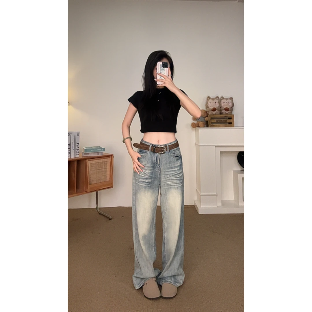 【秋冬新款牛仔裤女水洗蓝中腰阔腿裤做旧设计感显瘦-显腿长-百搭】