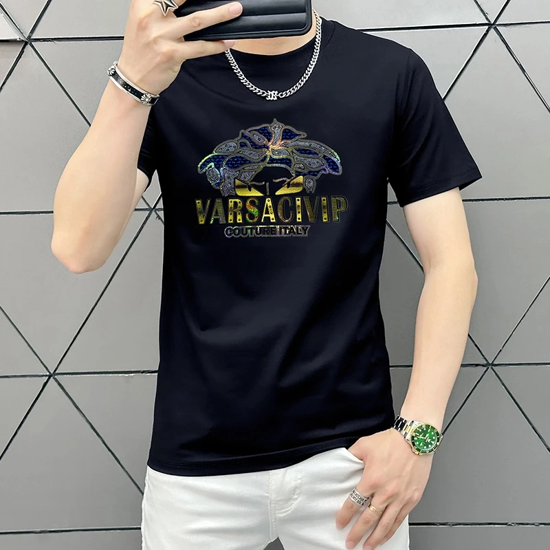 高端夏季短袖男款爆款2025新款黑色t恤修身圆领帅气冰丝上衣半袖