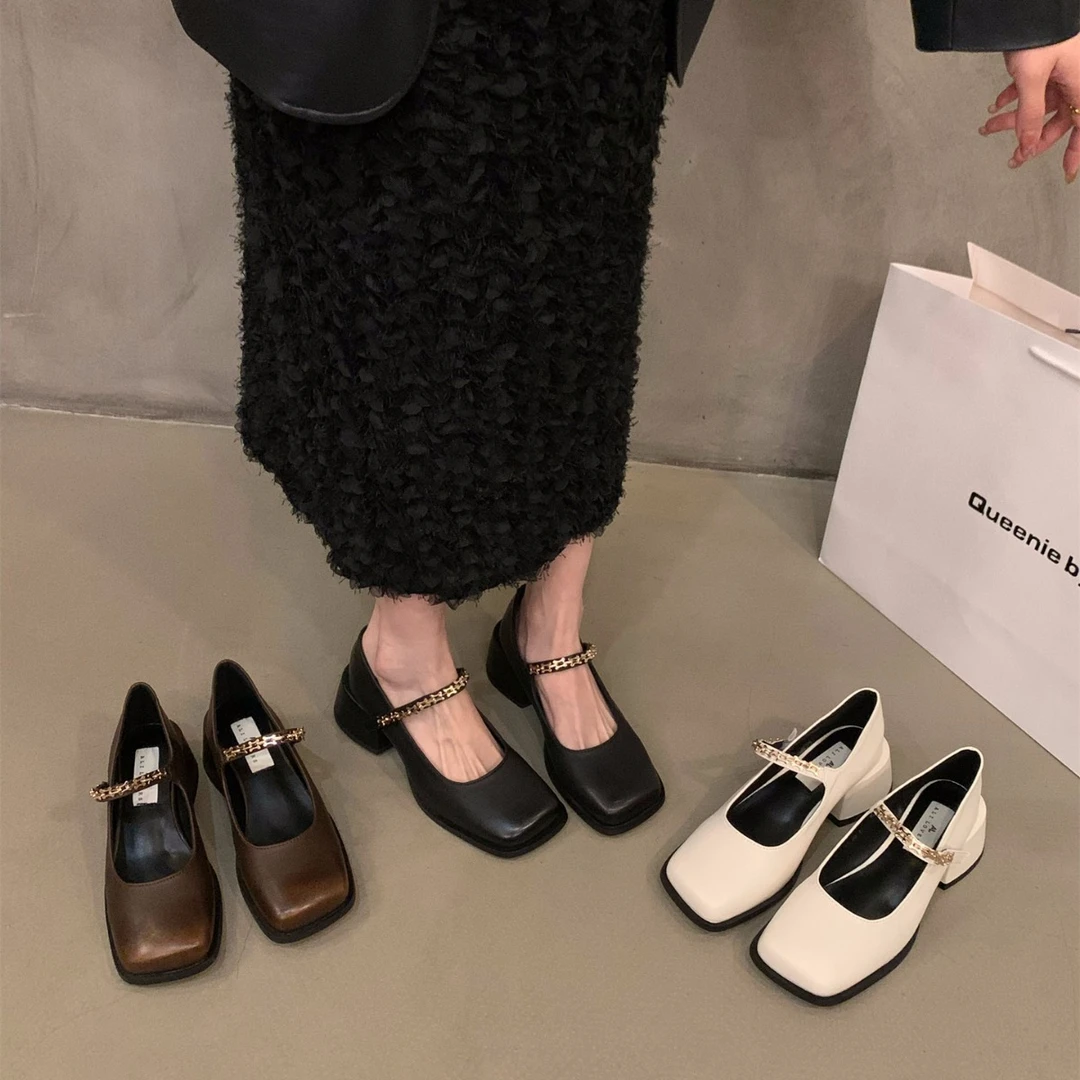 单鞋晚晚春秋新款冬季法式2025女鞋子粗跟高跟鞋玛丽珍小皮鞋黑色