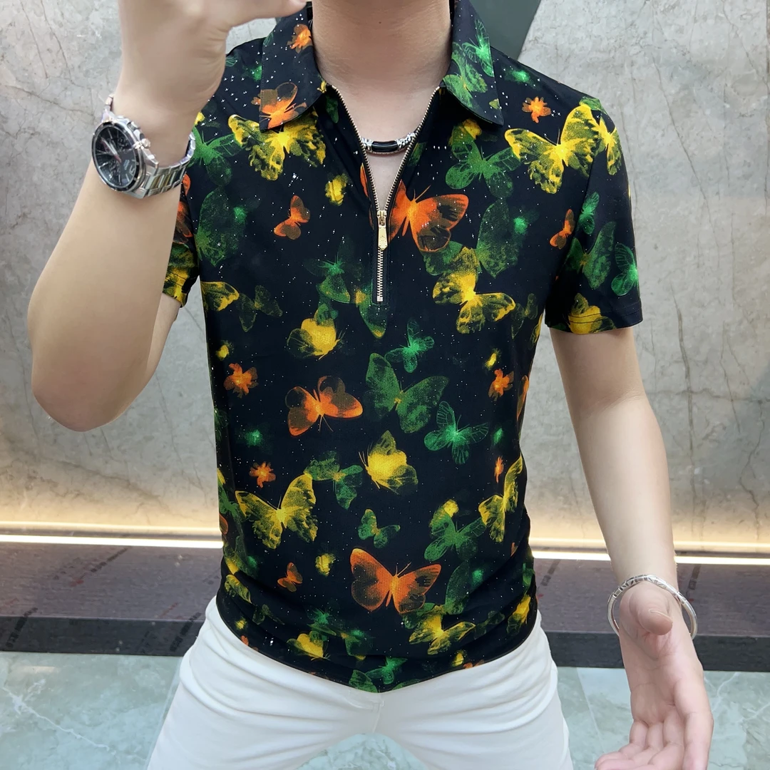 欧货男装时尚休闲夏季商务翻领轻奢拉链百搭透气半袖潮流宽松型