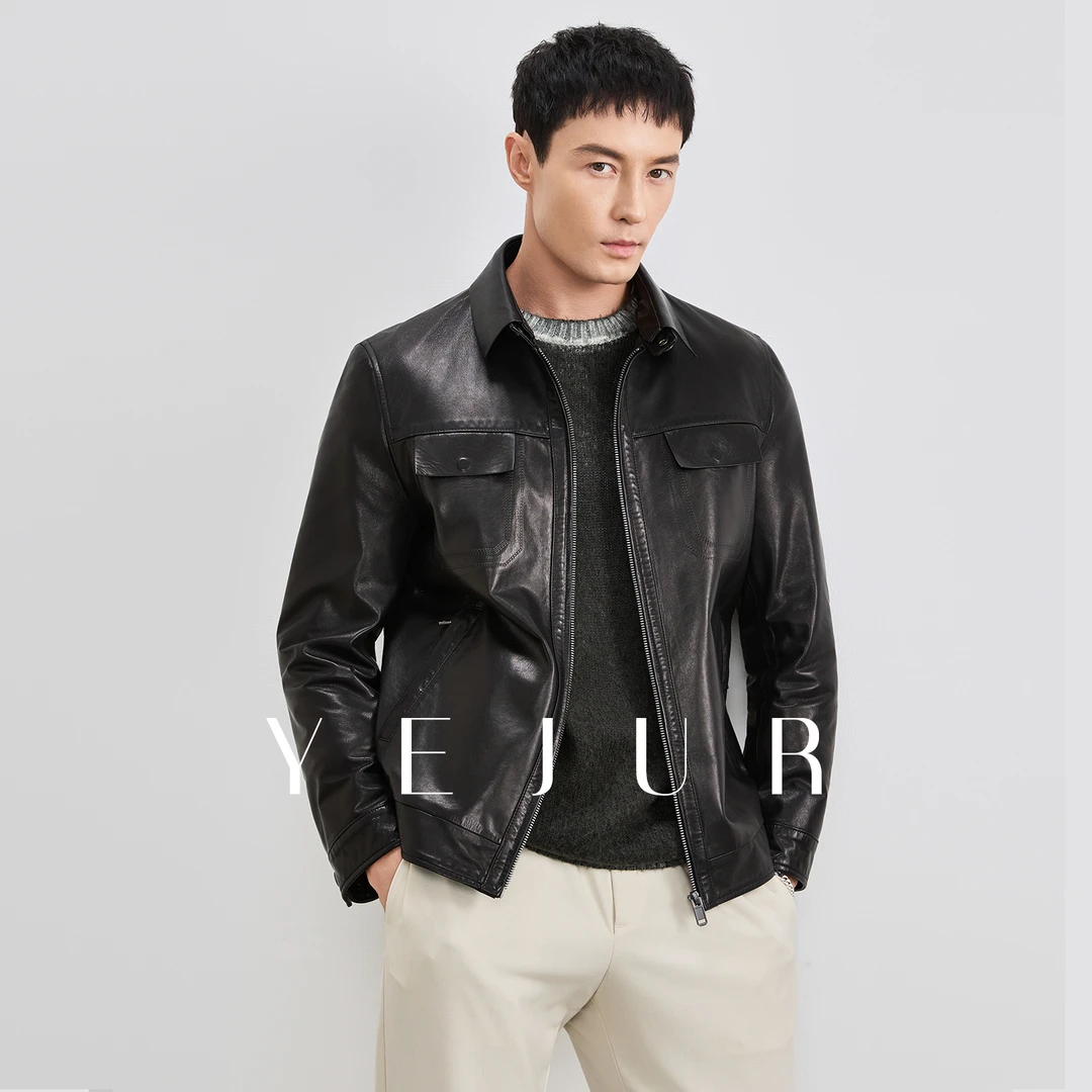 YEJUR 2025新款真皮皮衣男修身机车山羊皮翻领短款秋冬时尚皮外套