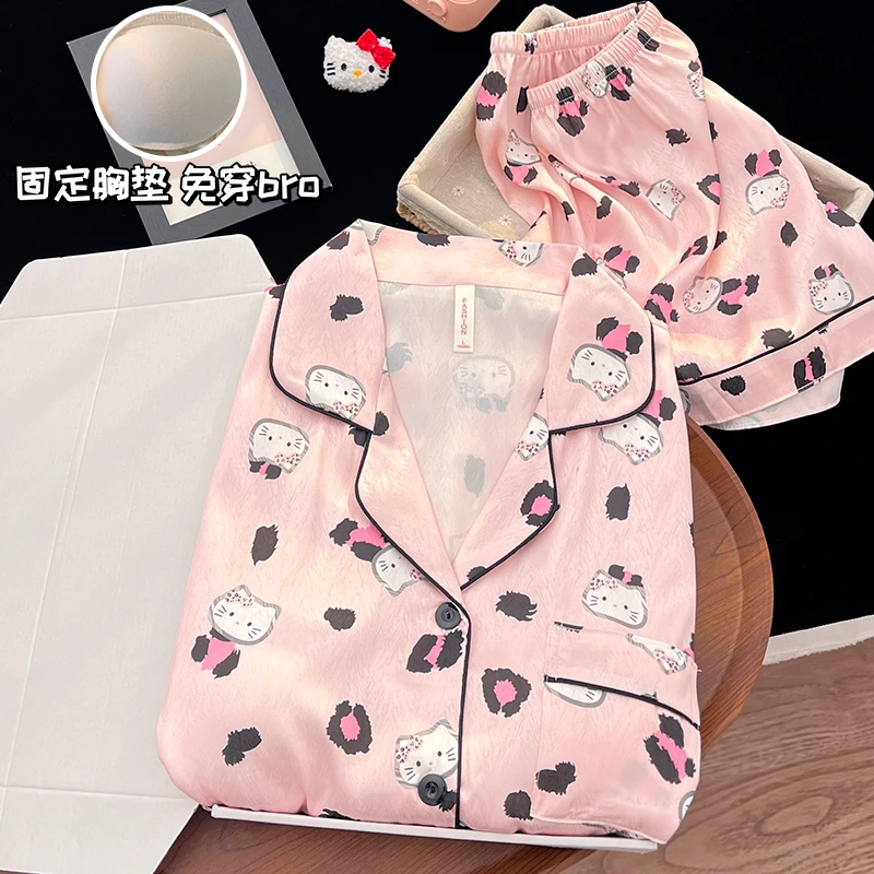 甜酷风短袖睡衣女2025夏季新款冰雪丝带胸垫KT猫仿真丝家居服套装