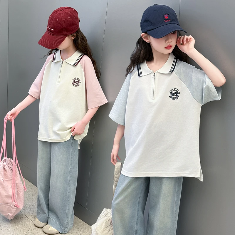 女童polo衫短袖套装2025新款女大童韩版休闲t恤夏季半袖两件套潮