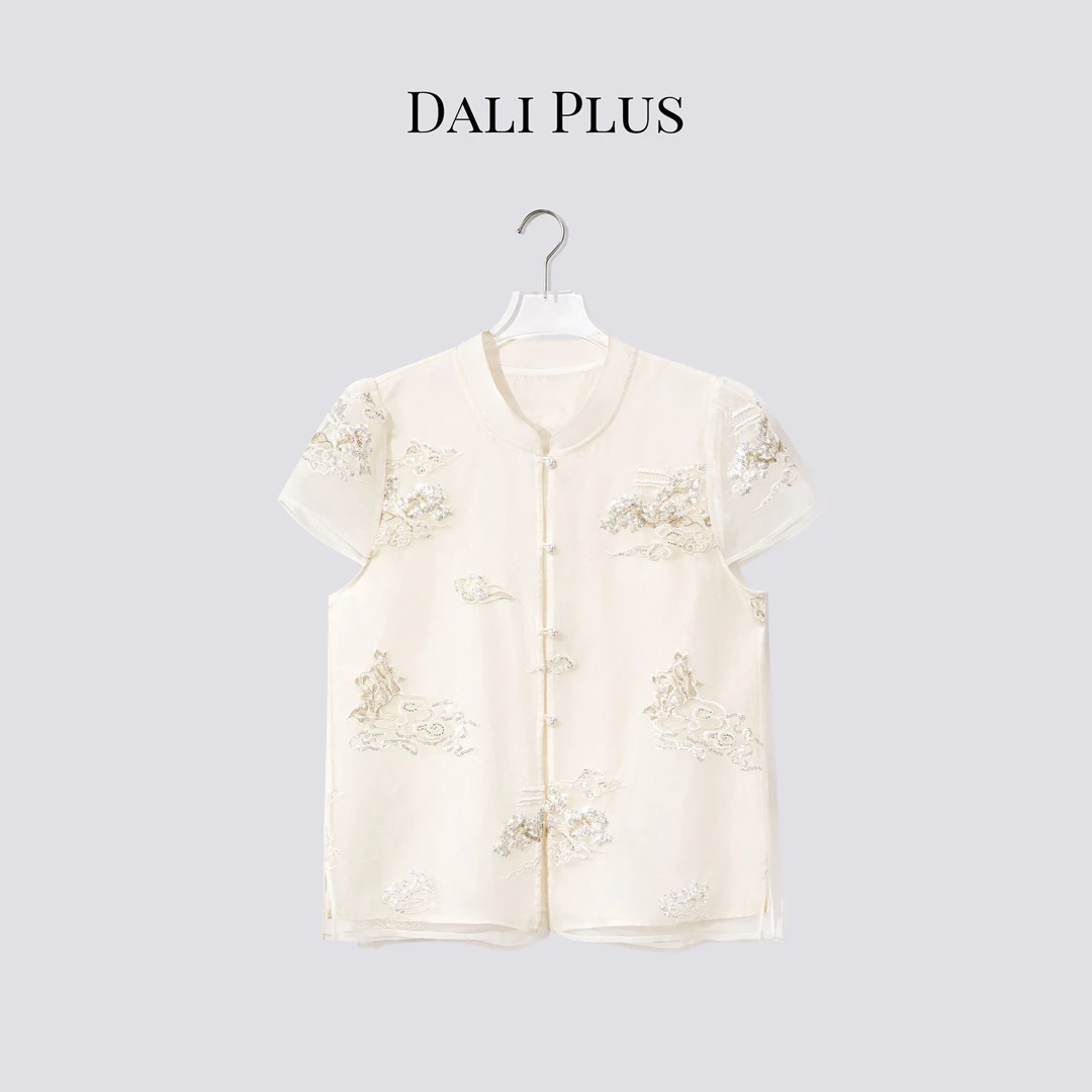 DALI PLUS“桑蚕丝复古绣花上衣”国风立领飞袖衬衫-D5LT2166