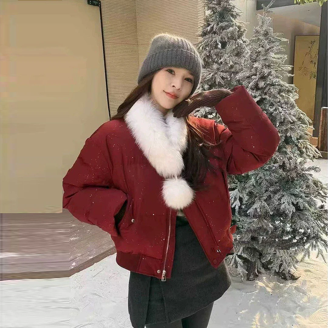 韩版短款毛毛围巾棉服圣诞红色加厚保暖棉服2025冬季新款围脖上衣