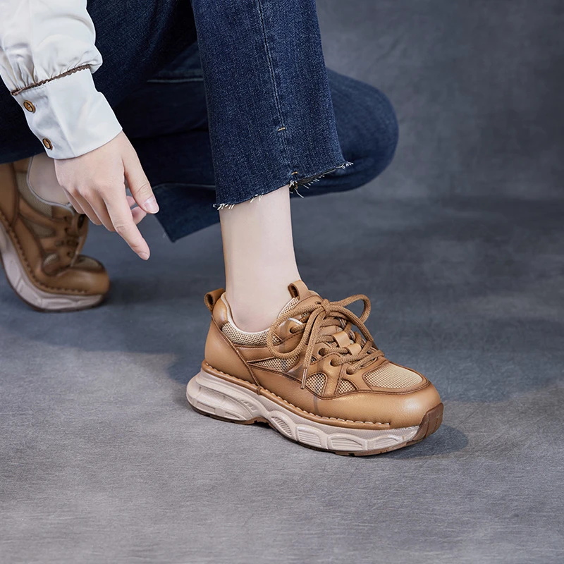 厚底复古女2025春季新款网面透气系带休闲运动阿甘鞋