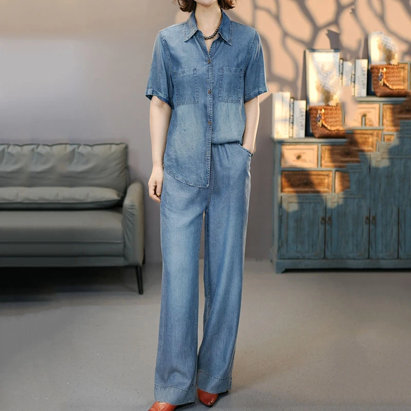 520-6842套装2025夏季新款天丝短袖衬衫裤子百搭上衣直筒裤