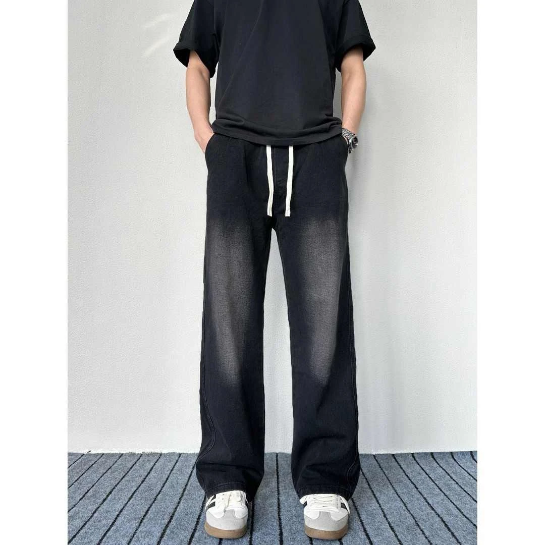 夏季新款潮流直筒裤子美式休闲百搭牛仔裤男高街做旧ins黑色长裤