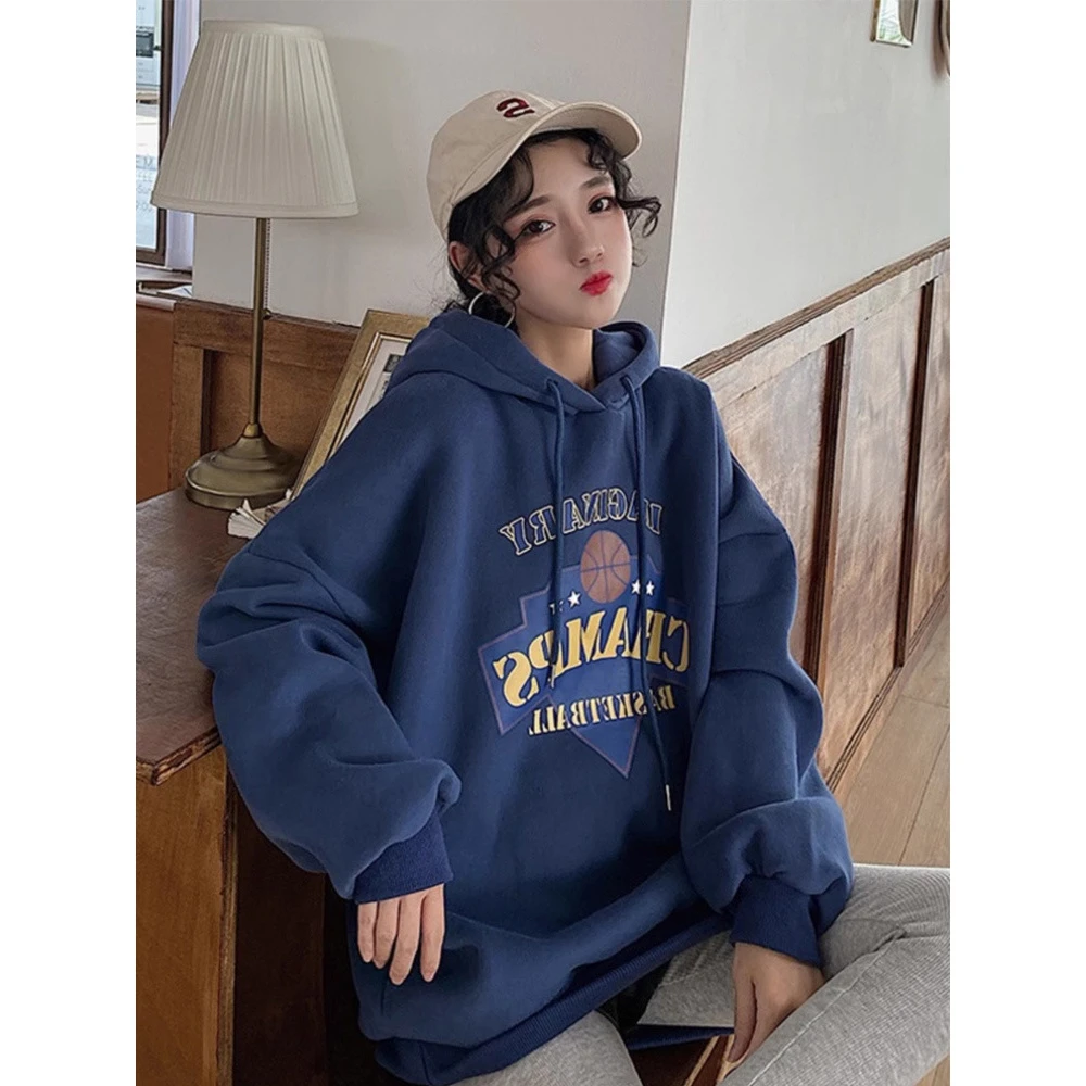 蓝色加绒连帽卫衣女2025新款爆款秋冬中长款宽松慵懒风欧货美式