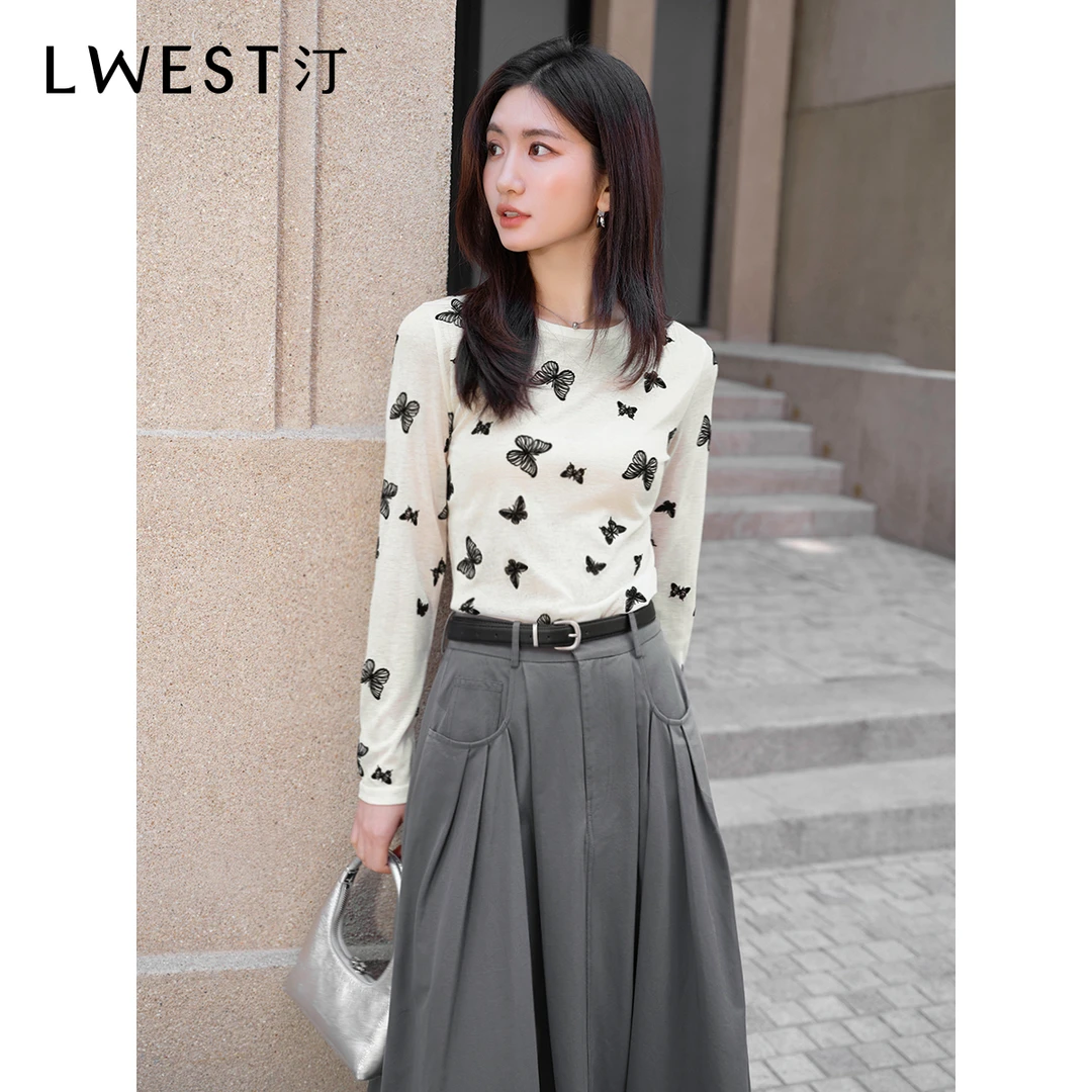 【品牌女装】朗文斯汀百搭显瘦蝴蝶提花T恤DTYT4306D10005