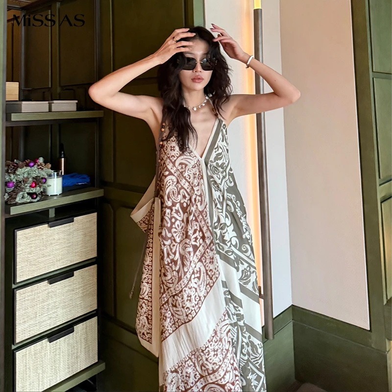 【ODTD】艺术印花V领撞色串珠吊带连衣裙女款25春季新品