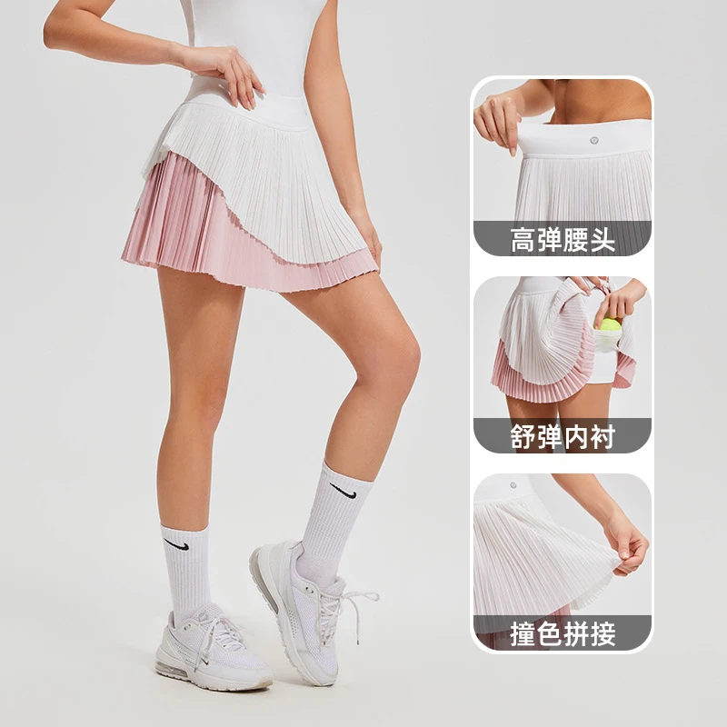 夏季款高腰A字裙防透两件高尔夫百褶短裙休闲瑜伽服弹力假两件