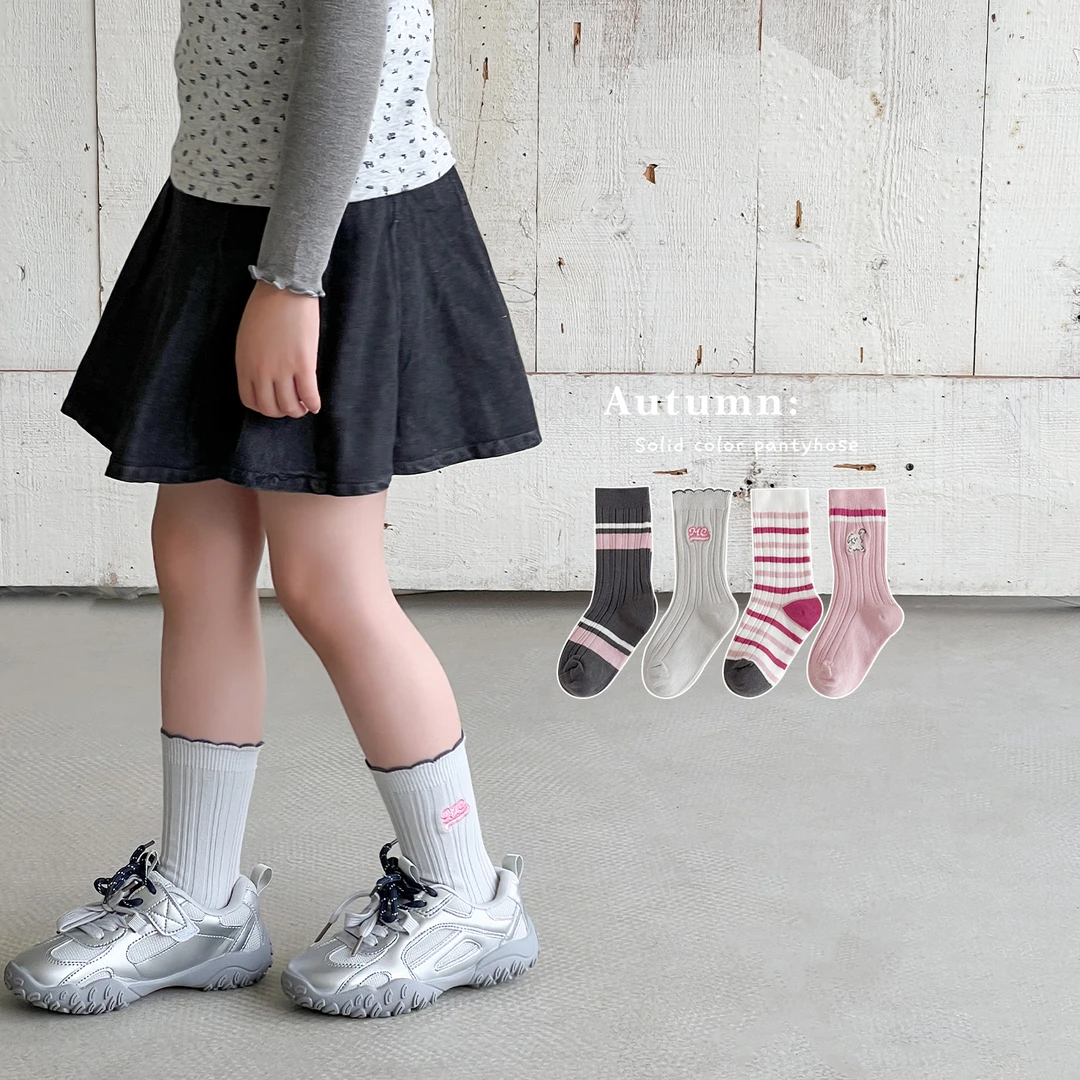 女童袜子春秋精梳棉无骨儿童中筒袜韩版刺绣条纹女孩宝宝秋天潮袜
