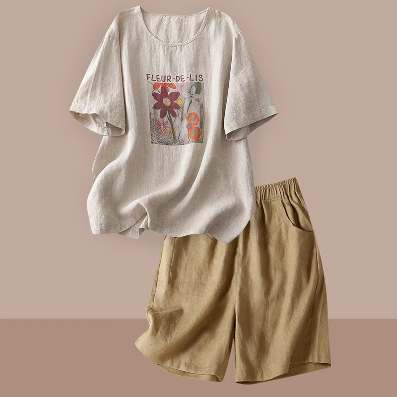 大码夏装洋气减龄苎麻短袖套装妈妈高端亚麻短裤时尚休闲两件套女