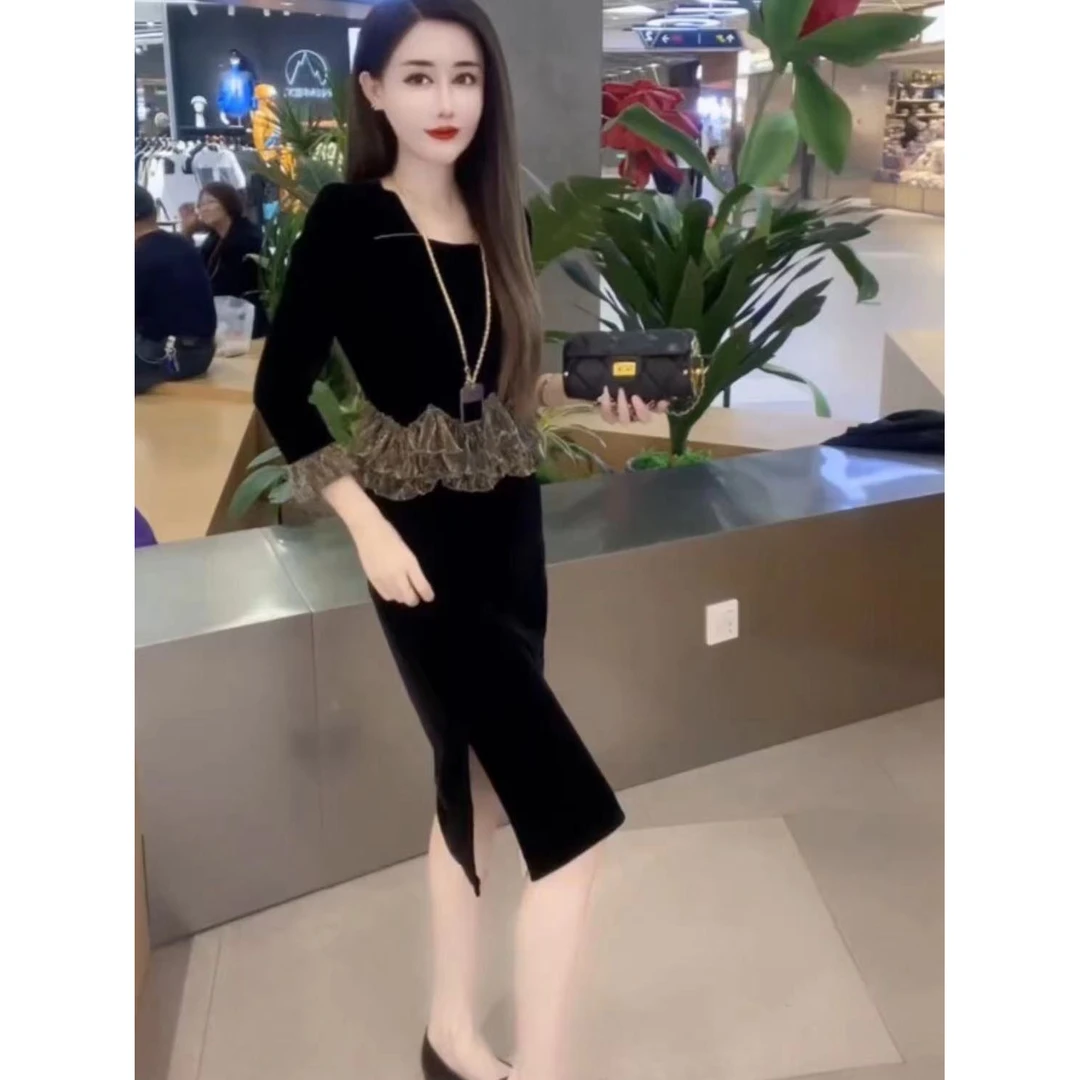高品质假两件连衣裙女2025年秋季新款方领长袖收腰开叉丝绒裙子潮