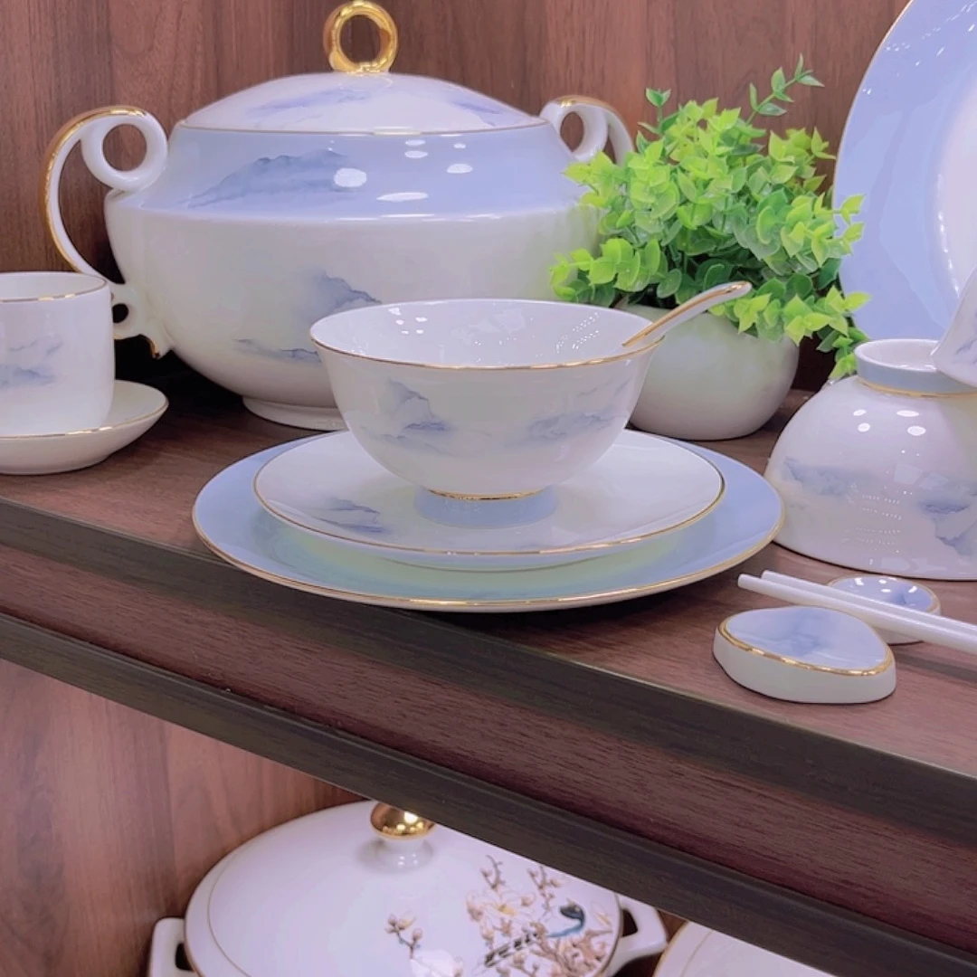 骨瓷千里江山米饭碗单拍