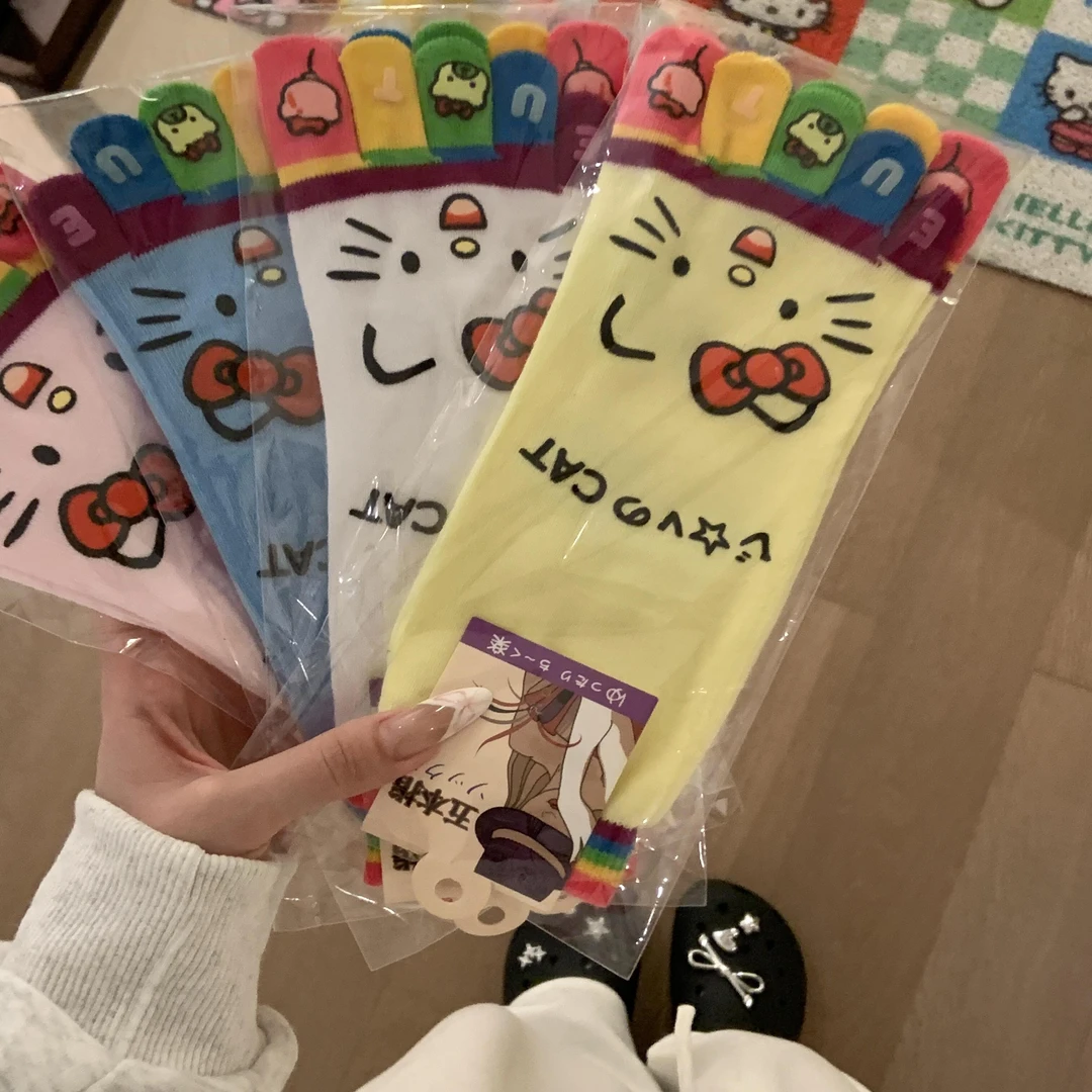 hellokitty袜子女款秋冬季五指袜可爱分趾袜保暖吸汗新款中筒袜yw