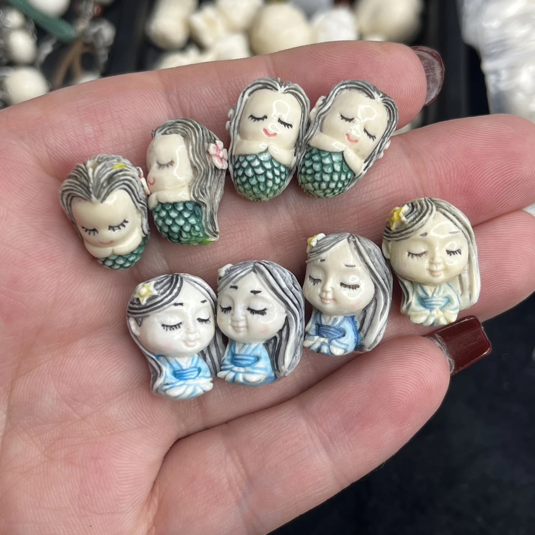 猛犸牙雕刻彩绘美人鱼田螺姑娘手串配饰（微瑕，福利清）