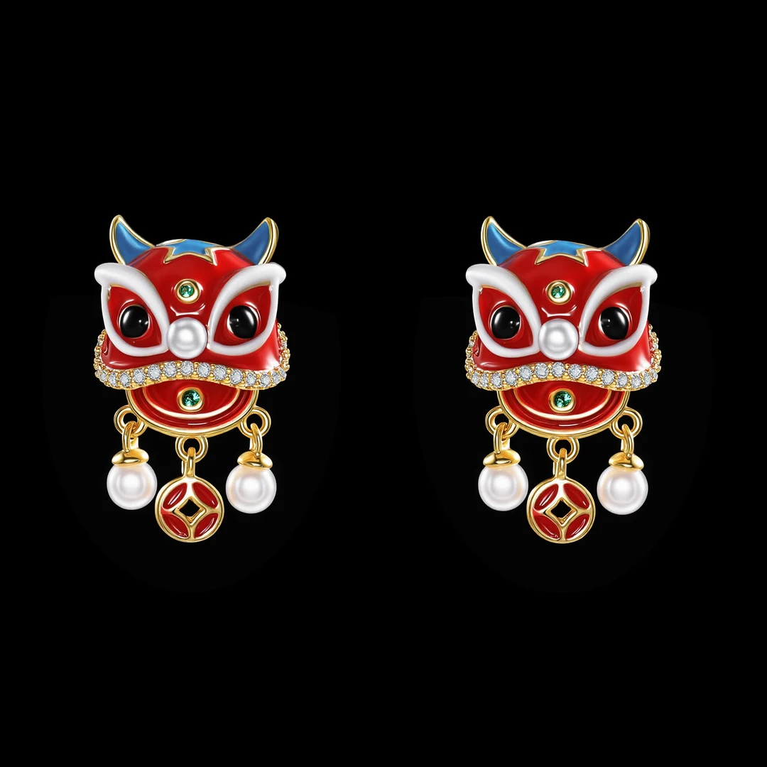 铜合金耳饰 ——木木(KN35）红色微镶醒狮耳环