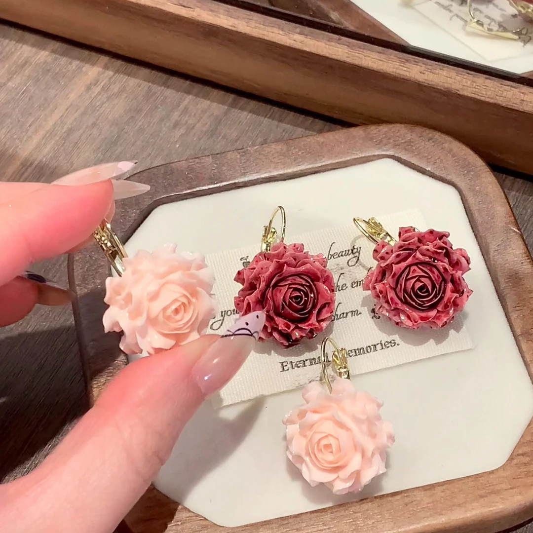 合金树脂耳饰 小众独特永生玫瑰花朵耳扣耳环温柔百搭氛围感耳饰