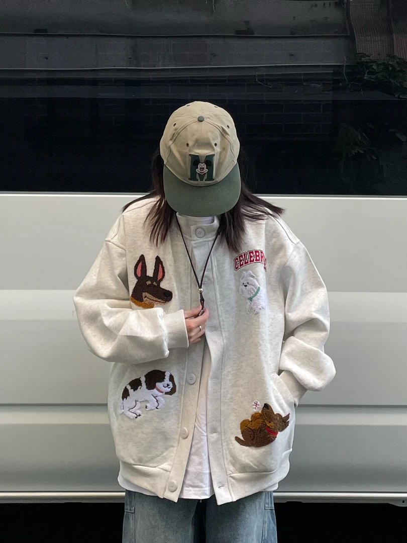秋冬季美式复古小狗刺绣卫衣棒球服情侣chic百搭休闲宽松开衫外套