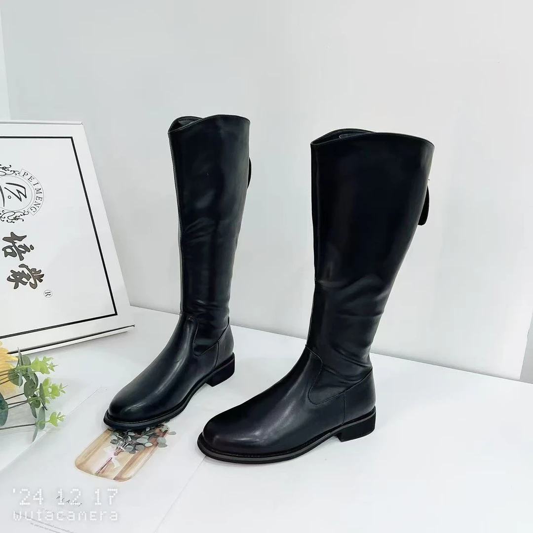 QT616 冬季新款时尚百搭圆头平底长筒靴加绒