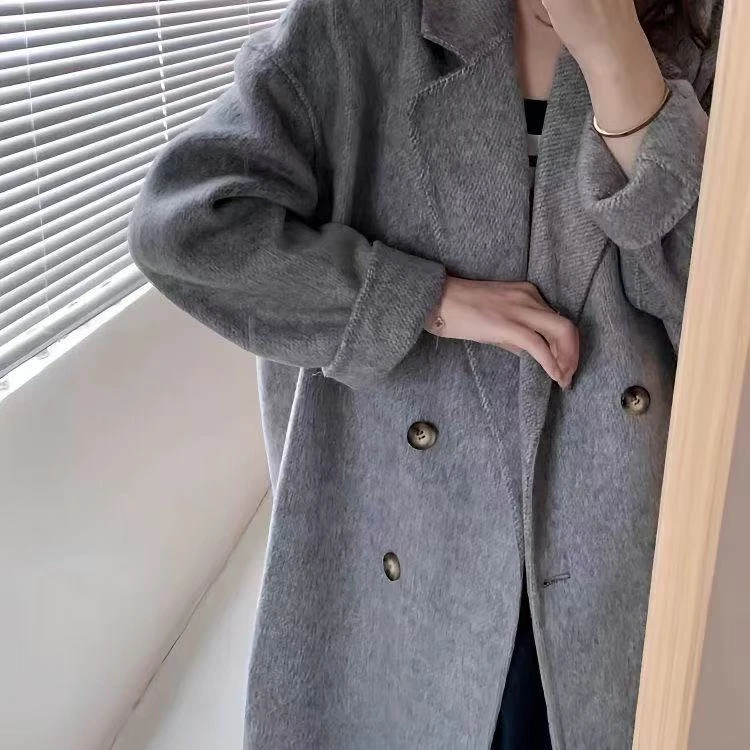 (401-600)优雅风U型领女长款翻领毛呢外套呢大衣西装外套