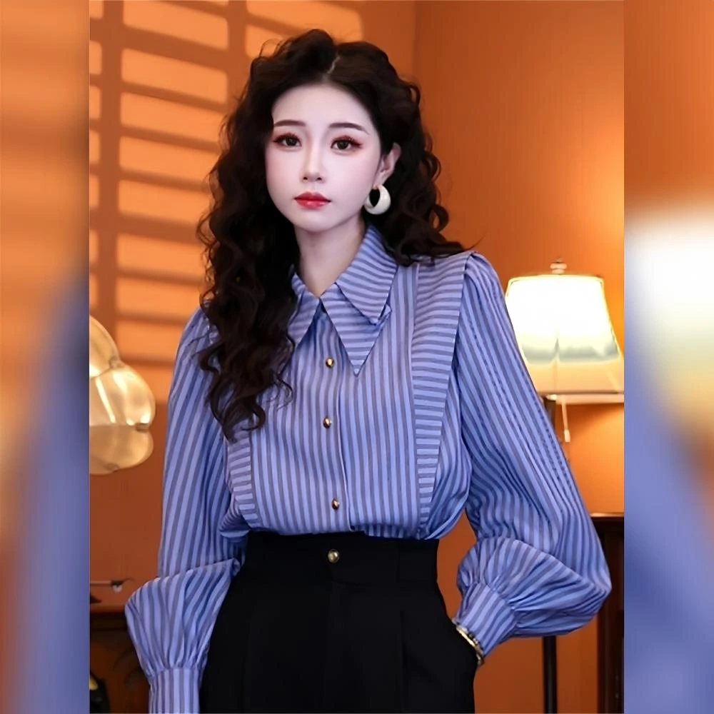 复古法式蓝色翻领条纹长袖衬衫衬衣女2025新款开春季韩系chic上衣
