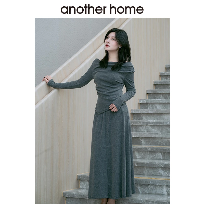 anotherhome法式一字肩不规则上衣灰色半身裙女2025早秋套装
