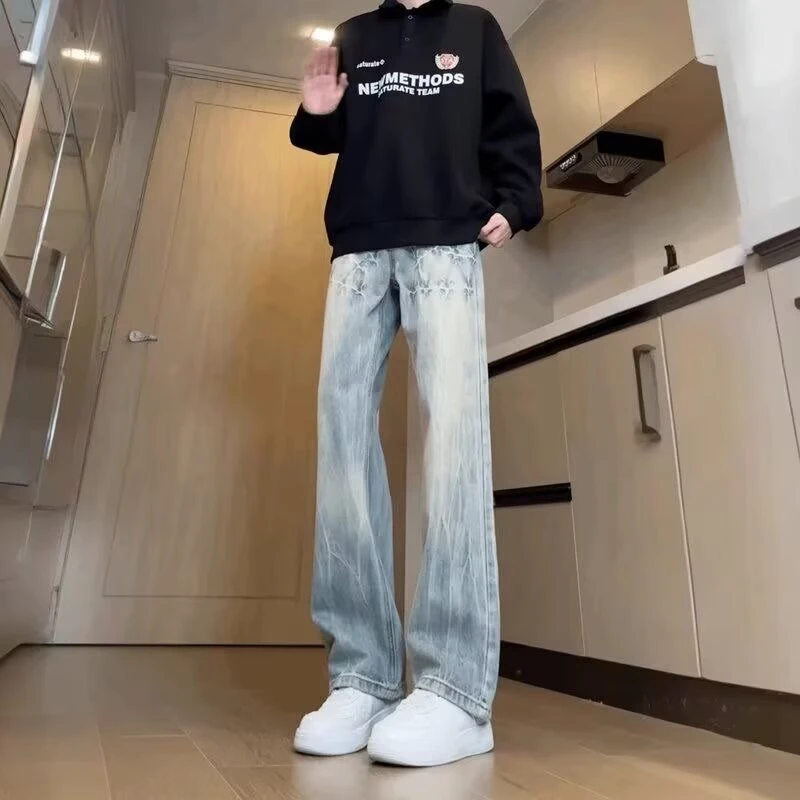 美式复古闪电裂纹vibe风牛仔裤男潮牌痞帅设计感男款显瘦直筒裤子