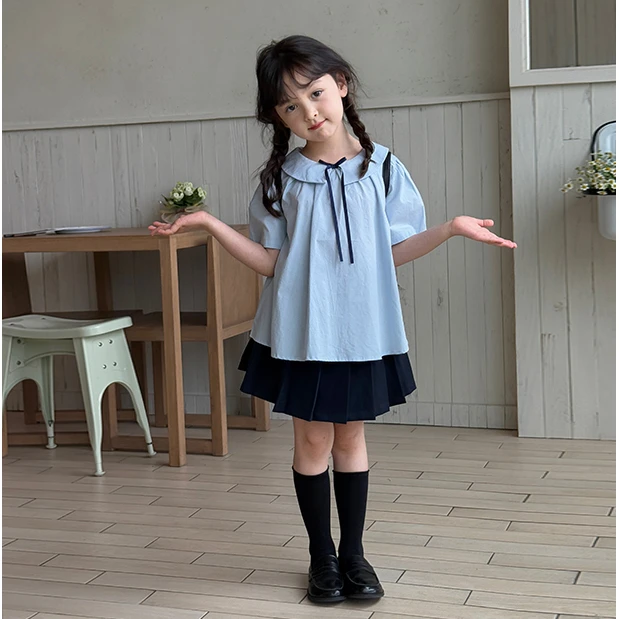 SKE2512女大童韩版学院风百褶裙套装夏装新款休闲娃娃领短袖半裙