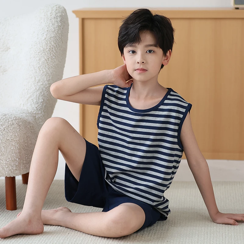 2025新夏季薄款条纹男孩儿童睡衣背心短裤套装无袖休闲男童家居服