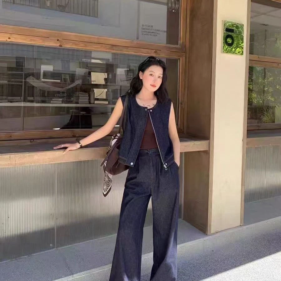 [婷婷家]时尚休闲牛仔马甲阔腿裤（两件套装），显瘦百搭洋气气质