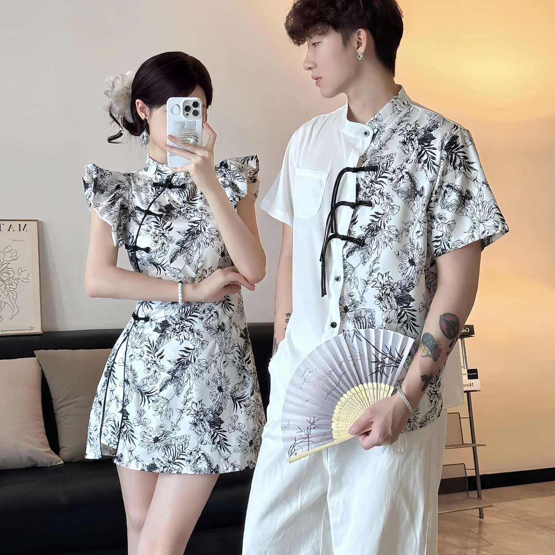 情侣装夏季新中式国风改良女连衣裙收腰显瘦男衬衫一裙一衣