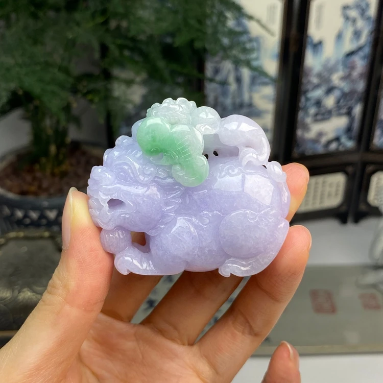 紫罗兰飘阳绿春彩事事如意醒狮复古貔貅挂件 天然翡翠A货