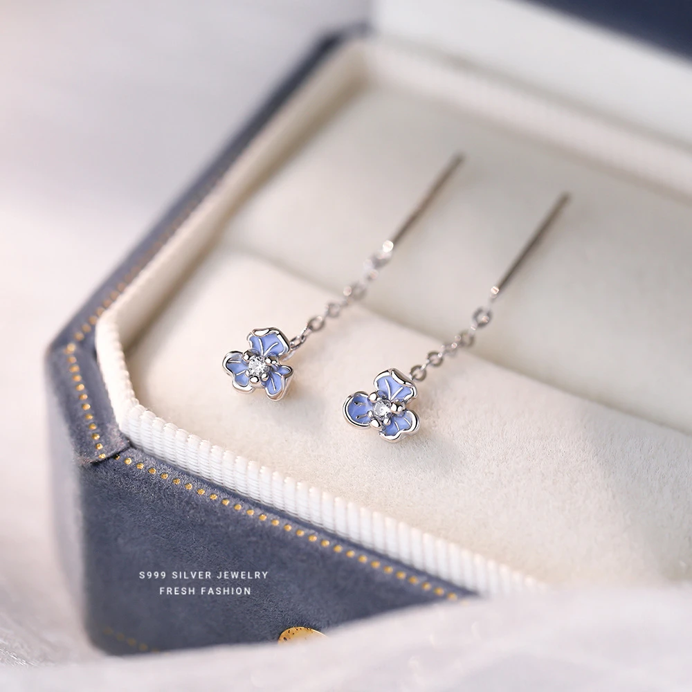 足银耳饰 鸢尾花耳钉999纯银2025新款爆款小清新养耳洞流苏耳线