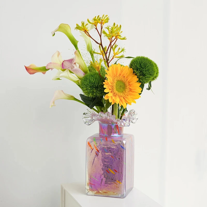 私花主义粉色中古风方糖花瓶水墨花瓶云纹水波纹花器法式手工玻璃