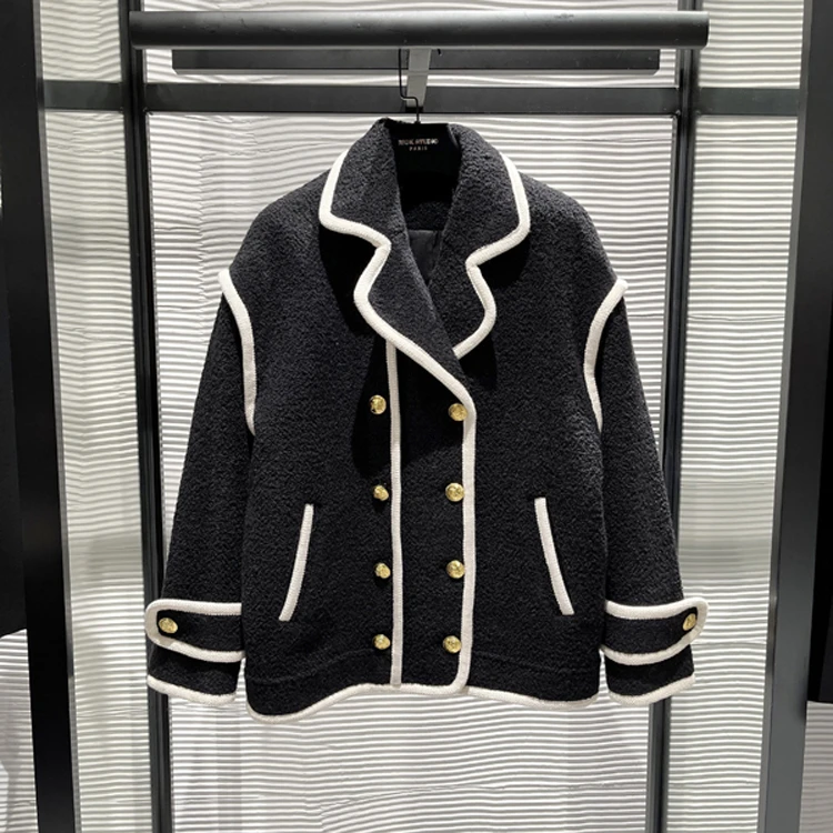 25年春装新款女装 时尚休闲泰迪黑色白边金扣毛呢外套-W086