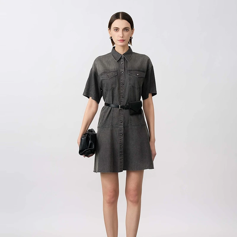 S·DEER圣迪奥拼接显瘦休闲简约通勤时尚牛仔衬衫连衣裙S25261201