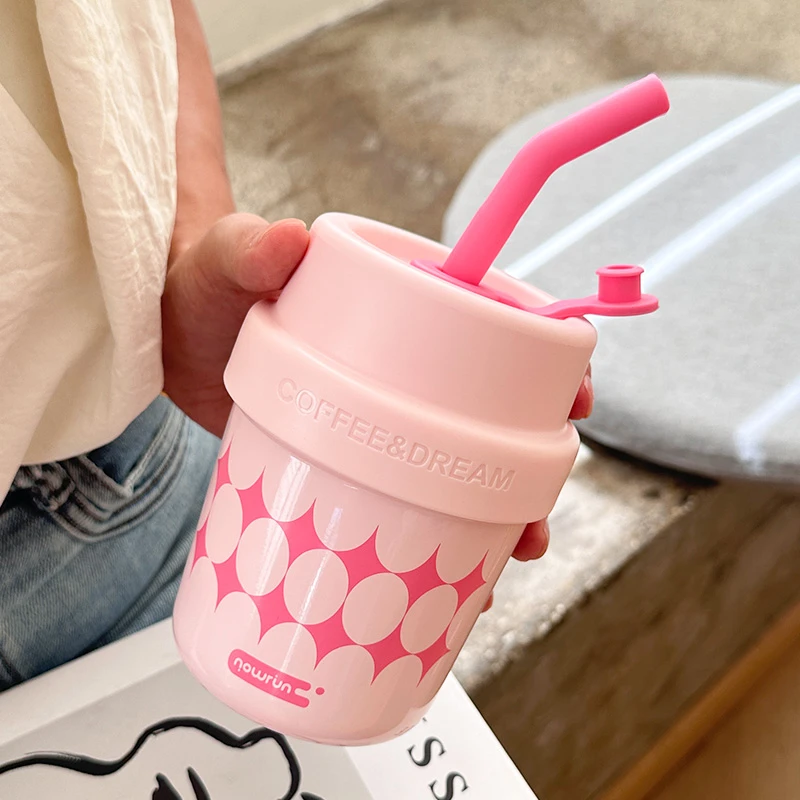 【省钱哥拼手速】初浔印花吸管咖啡保温杯不锈钢便携可爱学生水杯