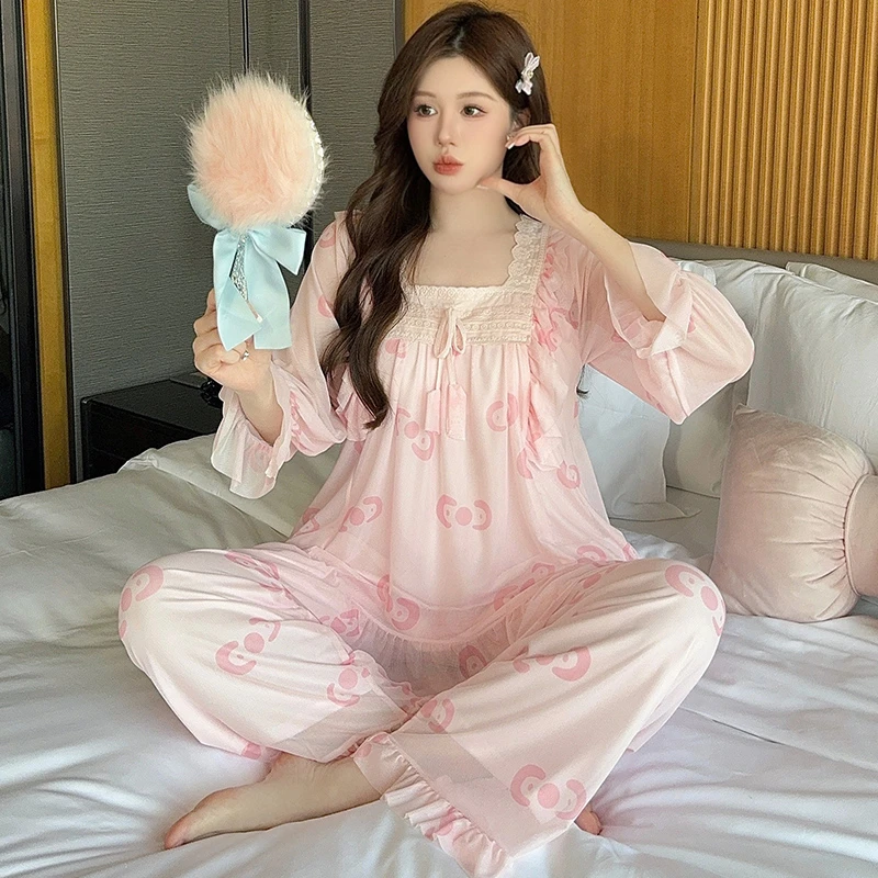 春秋季新款睡衣女生网纱蕾丝花边长袖带胸垫轻奢甜美家居服可外穿