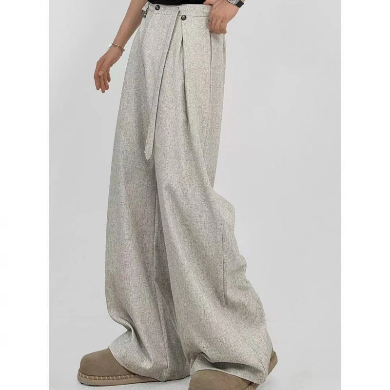 夏季新款高级感腰带设计透气精品宽松时尚休闲薄款中腰弯刀长裤子